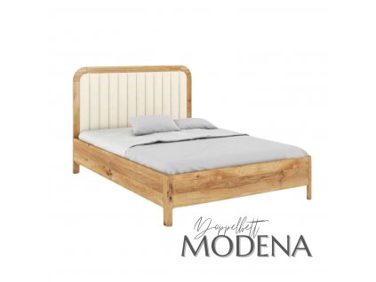 Doppelbett mit gepolstertem Kopfteil in hellem Visby Modena, aus Kiefernholz, Seitenansicht.