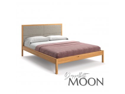 Moon Doppelbett aus Eichenholz, mit Holzbeinen, Seitenansicht.