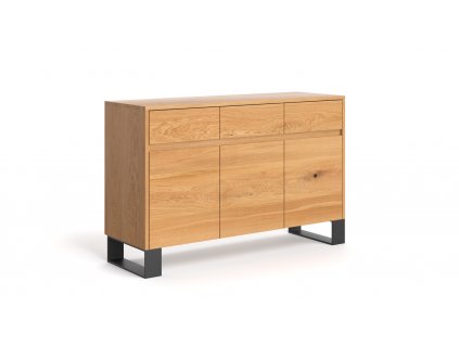 Kommode aus massiver Eiche mit Holztüren und schwarzen Metallbeinen, Seitenansicht.