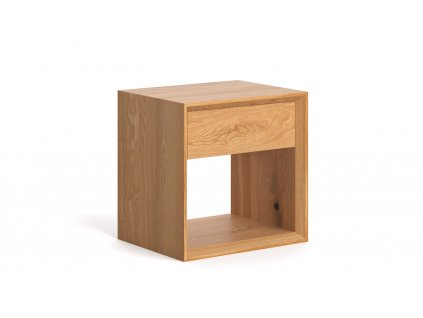 Ein Blick auf einen modernen Nachttisch aus Holz im minimalistischen Design mit Stauraum, Seitenansicht.