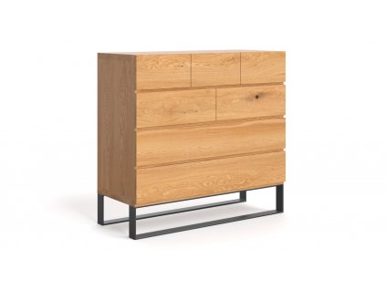 Massive Eichenkommode mit sieben ausziehbaren Schubladen, schwarze Beine auf weißem Grund, Seitenansicht.