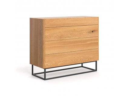 Kommode aus massiver Eiche mit vier Schubladen, dünne schwarze Beine auf weißem Grund, Seitenansicht.