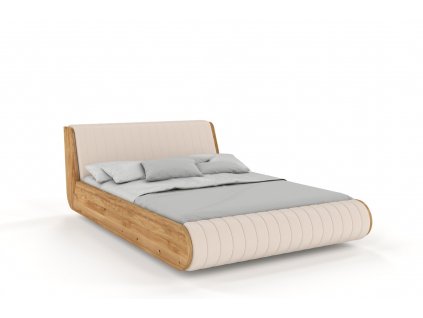 Doppelbett aus Massivholz, mit gepolstertem Kopfteil und gepolstertem Kopfteil, Seitenansicht.