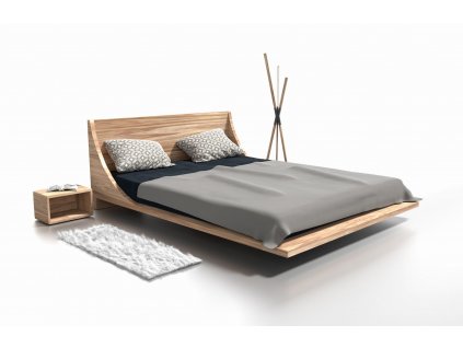 Modernes Doppelbett Russ aus massiver Eiche im japanischen Stil, ohne Kopfteil, Seitenansicht.
