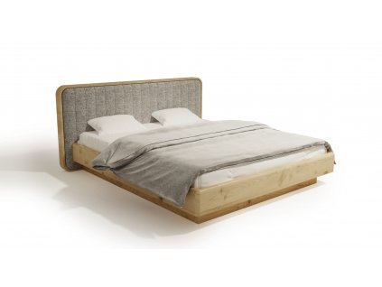 Doppelbett Sense Max aus Massivholz mit gepolstertem Kopfteil und unsichtbaren Füßen, Seitenansicht.