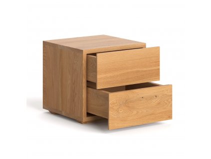 Kleiner Nachttisch Cube mit zwei offenen Schubladen, aus Holz, Seitenansicht.