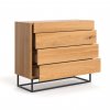 Holzkommode aus massiver Eiche mit vier ausziehbaren Schubladen, dünne schwarze Beine, Seitenansicht.